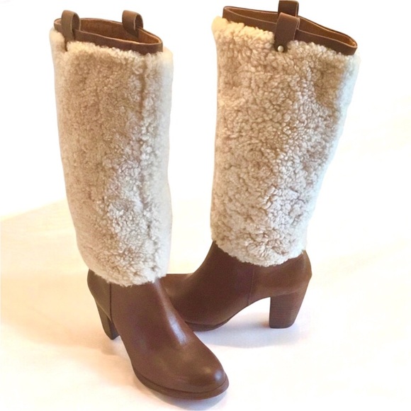UGG Ava Tall Boots Exposed Shearling Fur Brown Leather Pull-on Heel Boot Size: 6 - Picture 1 of 15